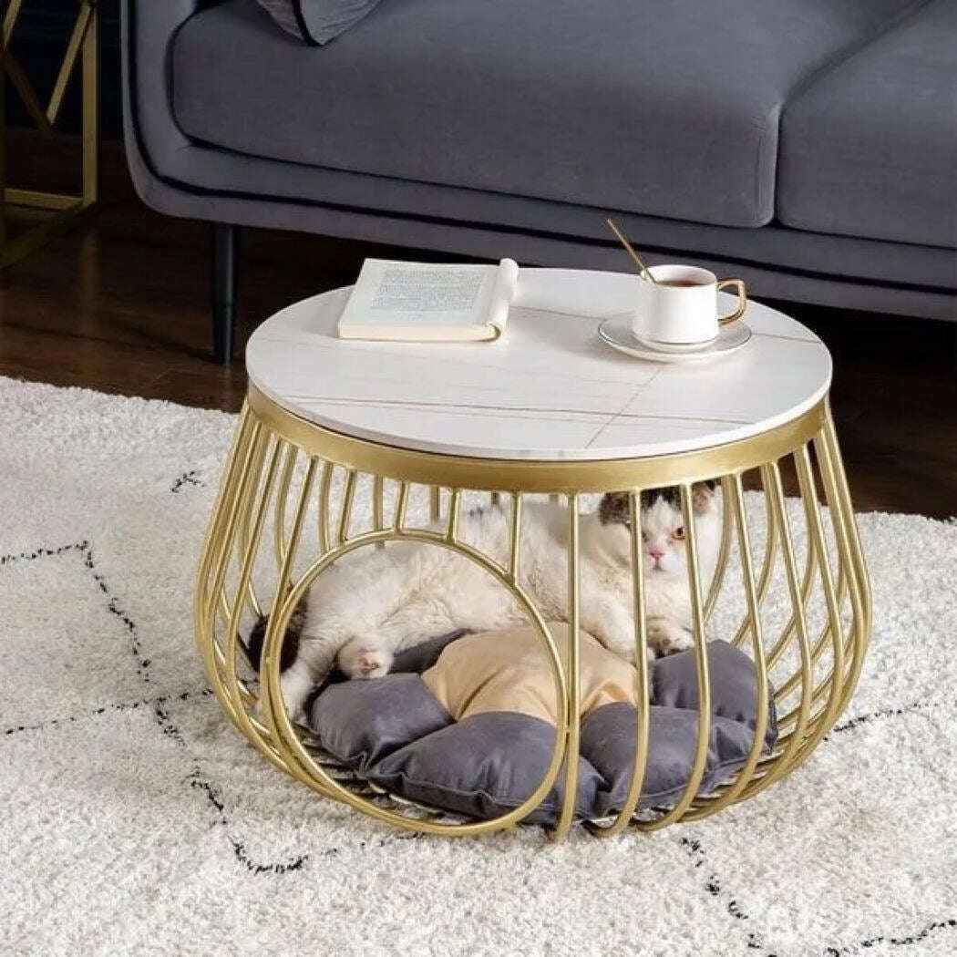 Round Coffee Table with Pet Cat Bed,Side Table, End Table Storage Table,for Outdoor, Garden, Living Room, Office, Balcony (white & Golden)