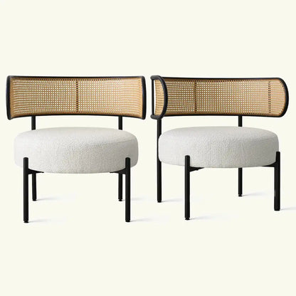 Metal Boucle Chair set Featuring Rattan Back & Rounded Seat