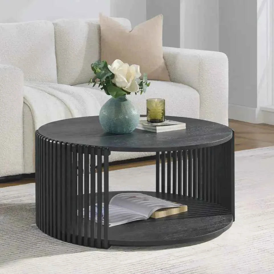 Estie Round Wood Slatted Living Lounge Center Coffee Table