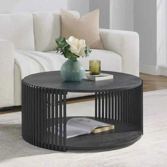Estie Round Wood Slatted Living Lounge Center Coffee Table