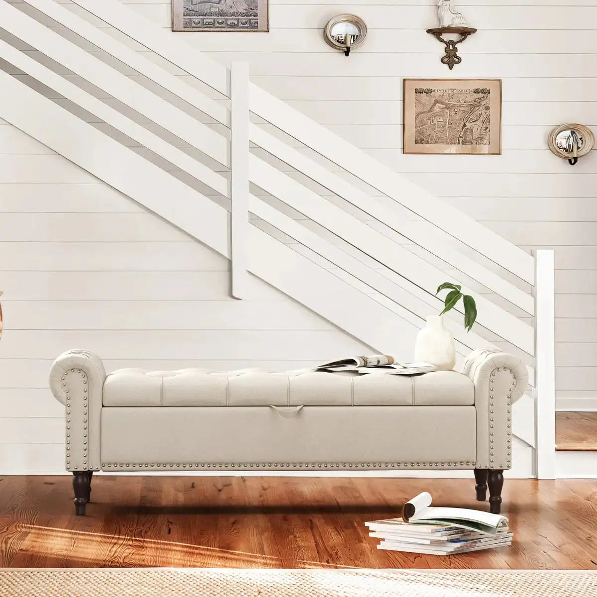 Luxurious 3-Seater Wooden Storage Bench | Daw-Style Stool Home Virsa