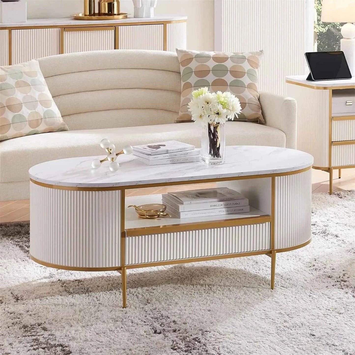Seellen Oval Fluted Living Lounge Drawing Room Center Coffee Table