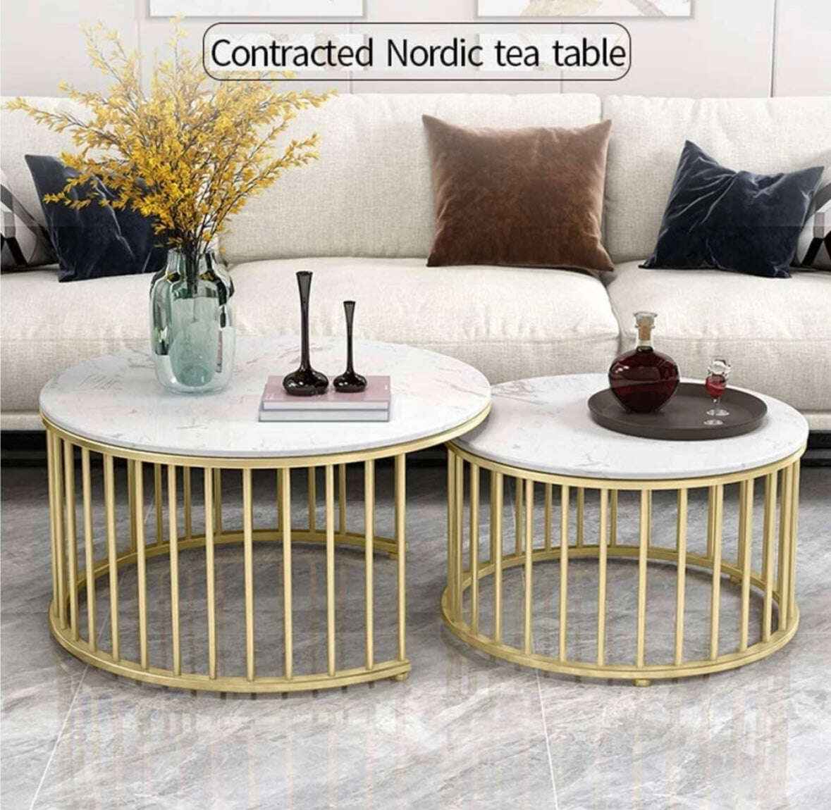 Set of 2 Tables Nesting Coffee Table Round Table Side Table with Living Room
