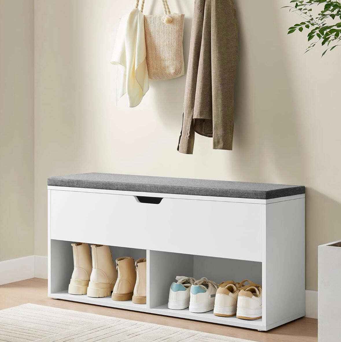 Shoe Storage Bench with Cushion, Entryway Shoe Rack Bench with Storage, 2 Open and 1 Hidden Compartments, for Living Room, Bedroom