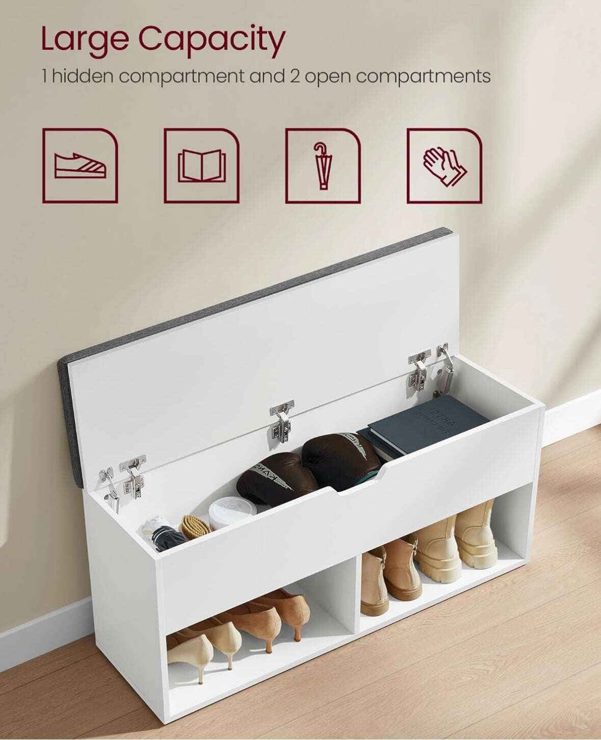 Shoe Storage Bench with Cushion, Entryway Shoe Rack Bench with Storage, 2 Open and 1 Hidden Compartments, for Living Room, Bedroom