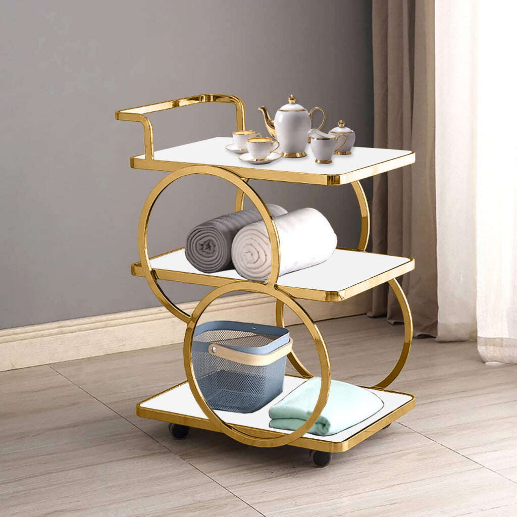 Three-Layer bar Trolley With Handle & wheels White Top Home Virsa