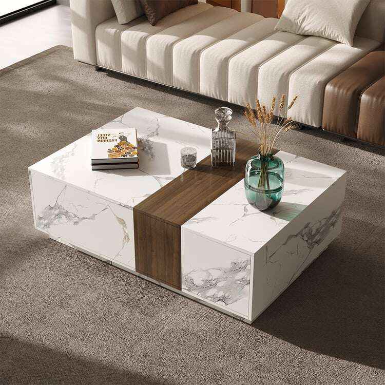 Walnut and Marble Modern Coffee Table