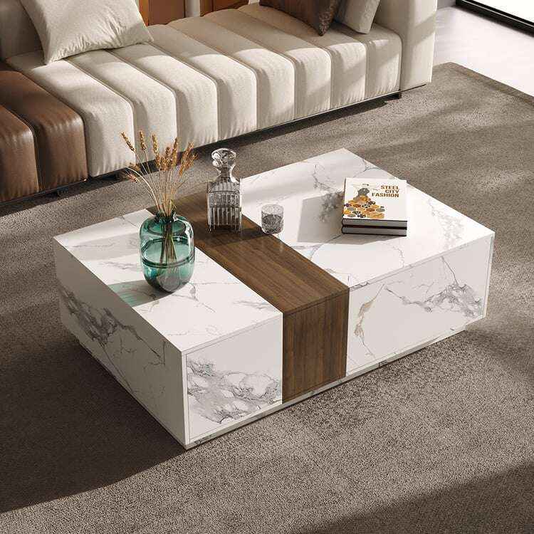 Walnut and Marble Modern Coffee Table