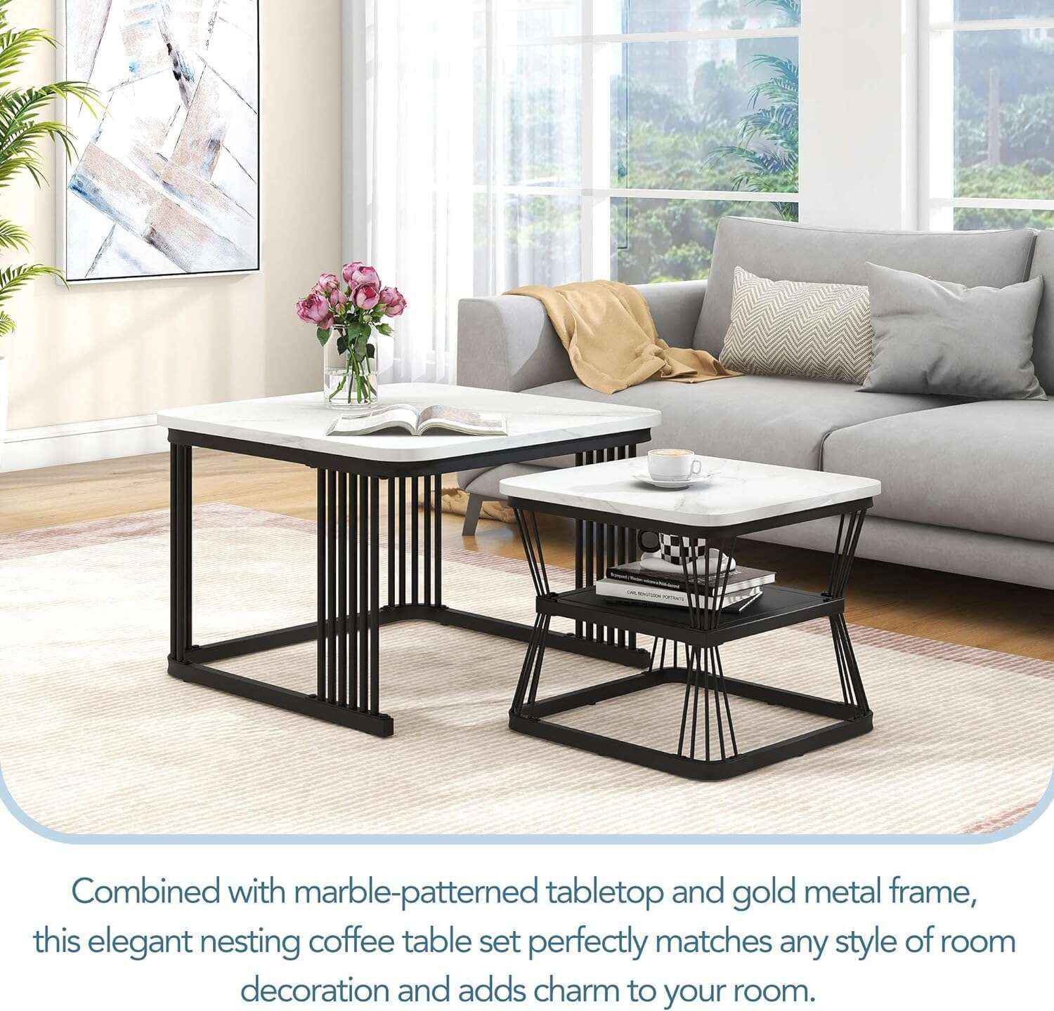 Zamofy Modern Marble Living Lounge Coffee Center Nesting Tables  (Set of 2)